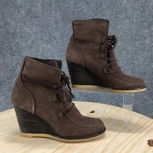 Lands End Boots Womens 9.5 B Ankle Bootie Brown Leather Knit Cuff Lace Up Wedge - Picture 1 of 19