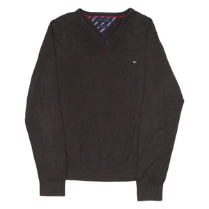 TOMMY HILFIGER Mens Jumper Brown V-Neck Tight Knit Cashmere XL - Picture 1 of 6