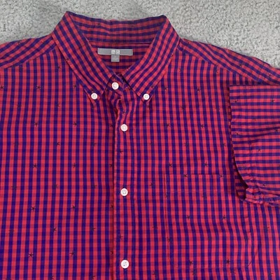 Uniqlo Shirt Mens Large Button Up Pink Blue Gengham Plaid Stars Modern Casual - Image 1 of 4
