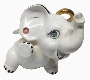 Vintage Ceramic Elephant Dumbo W/ Wings Gold Trim Pierced Ears Gold Ring - Picture 1 of 9