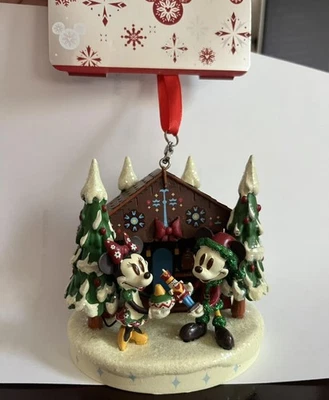 Disney Parks Sketchbook Ornament  Mickey & Minnie at Holiday Lodge Cabin  NEW - Image 1 of 4