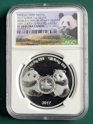 2017 CHINA 1 oz silver 0.999 mint medal PANDA ANA Denver Money Fair  NGC PF70 - Image 1 of 2