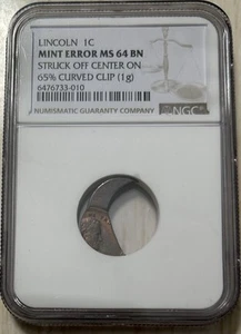 65% Curved Clip & Struck Off Center Lincoln Cent - NGC MS 64 Unique Mint Error - Picture 1 of 5