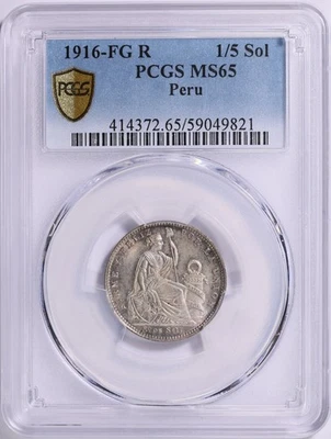 1916 - FG R  PERU - SILVER  1/5  SOL  -  PCGS  MS 65 - Image 1 of 3
