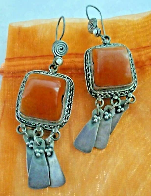 Orecchini Ear Rings Boho Dangle Argento 925 Ambra Baltica Vintage Antiquariato  - Immagine 1 di 4