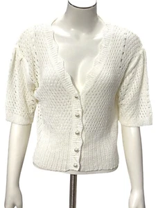 CCC Soft Knitwear Crop Top Ivory Crochet Cardigan Sweater Pearl Buttons Medium - Picture 1 of 6