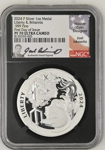 2024 P PRUEBA PLATA LIBERTAD BRITANNIA MEDALLA NGC PF70 PRIMER DÍA EMISIÓN ISKOWITZ - Imagen 1 de 2