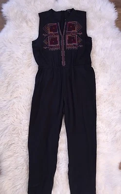 NWT Madewell Embroidered Silk Folkway Jumpsuit Black 12 F5183 $158 - Image 1 of 4