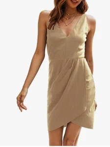 Manydress Damen Bodycon ärmellos tief V-Ausschnitt Sommerkleid Weizen Größe L ~ - Bild 1 von 3