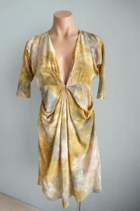 Willow Kit Dress Womens 8 Hand Painted Print 100% Silk V Neck Pleated Draped - Picture 1 of 12