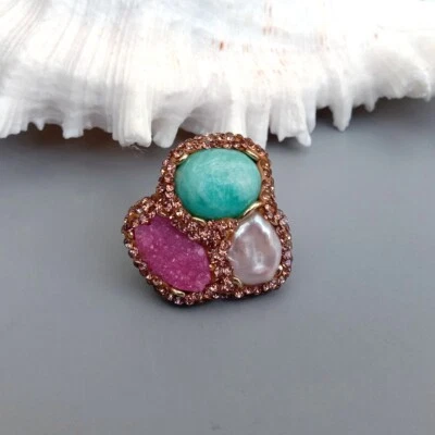 文化珍珠绿色亚马逊石粉红色石英德鲁兹戒指可调节周年纪念 — 第 1/4 张图片