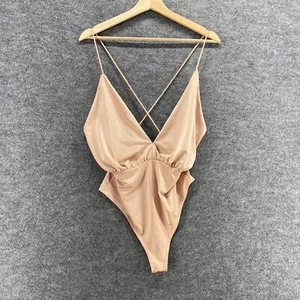 New Fashion Nova Bodysuit Women XL Beige One Piece Lined V-Neck Sleeveless Solid - Picture 1 of 8