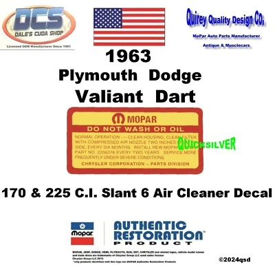 Valiant Dart 170 225 1963 inclinado 6 calcomanía filtro de aire no lavar 2206376 EE. UU. Foto 1 de 2