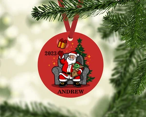 SANTA & BABY YODA GROGU PERSONALIZED METAL ORNAMENT GIFT TAG 2023 W/ NAME - Picture 1 of 1