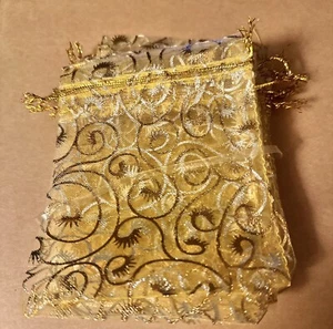 15 Pcs Gold Sheer Organza Gift Bags 4x6” Mesh Drawstring Jewelry Rattan Pouches - Picture 1 of 6