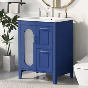 24" Bathroom Vanity, 2 Drawers & Door, Adjustable Shelf, Solid Wood & MDF, Blue - Picture 1 of 22