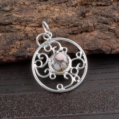 Joyería colgante hecha a mano de plata de ley 925 con piedras preciosas turquesa cobre ópalo rosa Foto 1 de 4