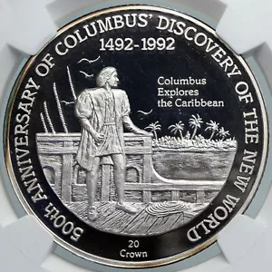 1991 TURKS AND CAICOS Columbus CARRIBIEAN OLD Silver 20 Crown Coin NGC i89103 - Picture 1 of 5