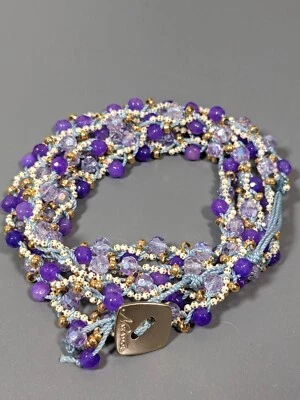 Pulseira Nakamol roxa pedra vidro miçangas estilo tecido cordão envoltório branco 32 pol - Imagem 1 de 4