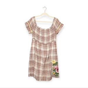 3J Workshop by Johnny Was Womens Dress Brown Plaid Floral Smocked Mini Size S - Picture 1 of 8