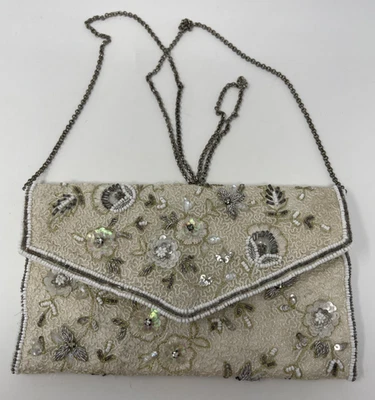 Carolee Ivory Silk Floral Beaded Clutch Purse w/ Chain Strap EUC - Image 1 of 4