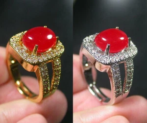 Genuine Red Jade Cabochon Imitation Diamond Rectangle 18KGP Adjustable Size Ring - Picture 1 of 12