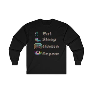 Eat, Sleep Game, Repeat, Cotton Adult Unisex Long Sleeve Gaming T shirt/ T-shirt - Picture 1 of 13