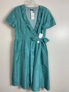 J. Crew 100% Silk Taffeta Wrap Ruffle Dress Women's Sz 12 Cap Sleeves Turquoise - Picture 1 of 15