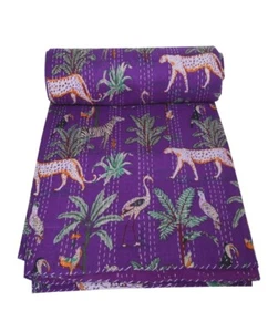 Indian Bohemian Vintage Animal Kantha Quilt,Bedspread Blanket Handmade - Picture 1 of 6