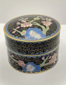 Antique Gilt Cloisonne Covered Trinket Pill Box Black Cherry Blossoms Small - Picture 1 of 18