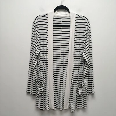 T by Talbots Women Black White Striped UPF 50 Protection Bamboo Open Cardigan 1X - Image 1 of 4