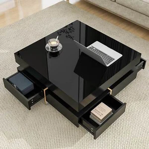 FUNIDEE Square High Gloss Coffee Table w/ 4 Drawers Cocktail Center Table Black - Picture 1 of 9