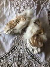 Pr Vintage French White Kid Leather Rabbit Fur Trim Baby Moccasins Pram Shoes