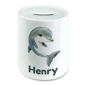 Personalised Cute Watercolour Dolphin Kids Savings Money Box Piggy Bank Name - Picture 1 of 2