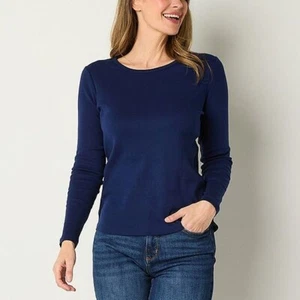 St. John's Bay-Misses PETITE Size PXXL (20) Crew Neck Long Sleeve T-Shirt- Navy - Picture 1 of 8