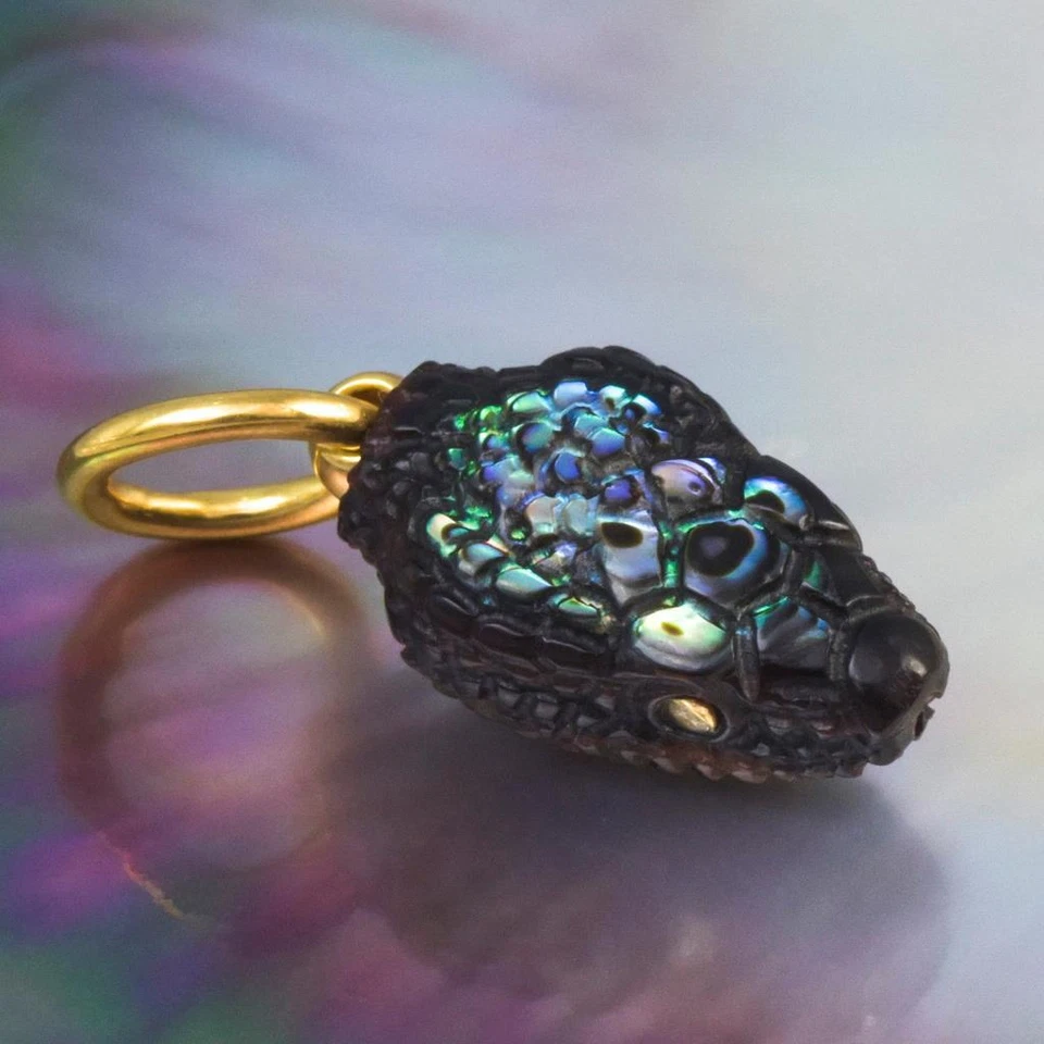 Gold Vermeil Sterling Silver & Multicolor Shell Snake Pendant Diamond Eyes 4.72g - Image 1 of 4