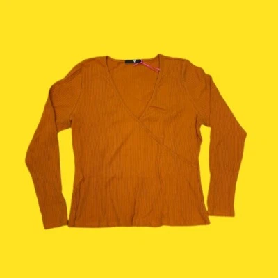 V BY VERY Women's Ribbed Wrap Shirt, Fun Button Detail on Cuffs, Orange, UK 20 - Image 1 of 4