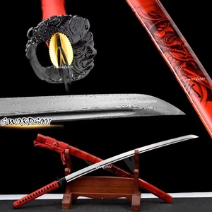 Preciosa Katana Roja Japonesa Espada Guerrero Afilada Hoja de Acero Doblada Demonio Tsuba - Imagen 1 de 10