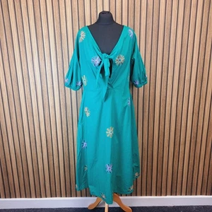 Monsoon Midi Dress Green Floral Large UK 16 Half Sleeve Flare Embroidered Cotton - Picture 1 of 11