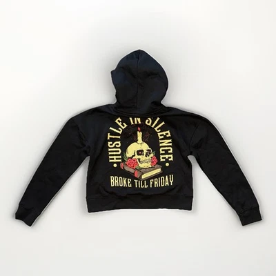 Broke Till Friday Black Graphic Skull Cropped Hoodie Women’s Size Small - Image 1 of 4