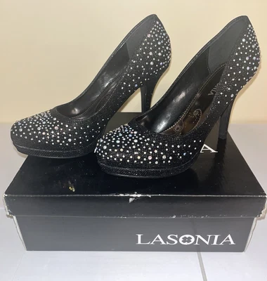 Women’s Lasonia Sparkle Black Dress Heels 7.5 in – Closed Toe Party Shoes In Box - Image 1 of 4