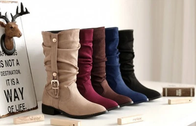 Women's Knight Boots Suede Mid-Calf Belt-Buckle Pull on Slouch Shoes Big Sz 4-15 - Image 1 of 4