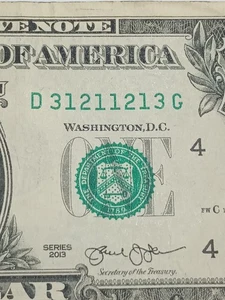 2013 $1 D CLEVELAND BEP D-G BLOCK TRINARY 123 TRUE RADAR (D31211213G) **RADAR** - Picture 1 of 8