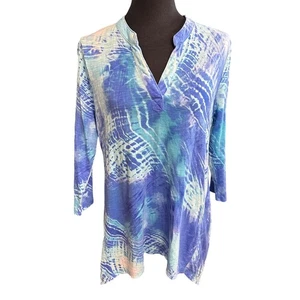 Chico's Shirt Size 1 Medium Tie Dye Blue White 3/4 Sleeve Tunic - Picture 1 of 10