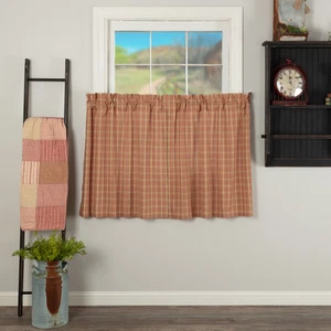 Farmhouse 36"x36" Plaid Tier Pair Red Rod Kitchen Window Curtains VHC Brands - Picture 1 of 8