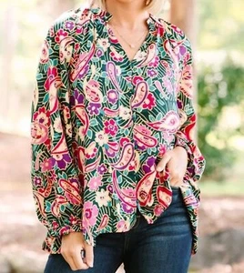 Umgee Paisley Blouse Floral Print Smocked V-Neck Balloon Sleeve Top Womens Sz L - Picture 1 of 14
