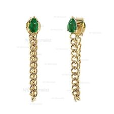 Pear Emerald Real Gemstone Solid 18K Yellow Gold Link Chain Earrings Jewelry