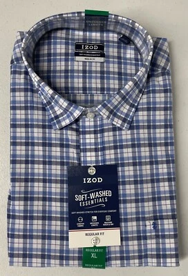 Camisa de vestir IZOD para hombre suave lavada elástica desacogida AZUL a cuadros XL 17-17,5 36/37 Foto 1 de 4
