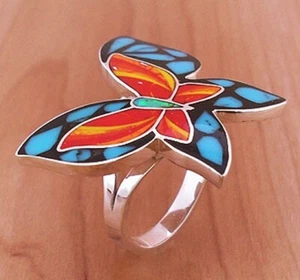 HANDCRAFTED SPINY OPAL TURQUOISE INLAY STERLING SILVER BUTTERFLY RING SIZE 8-1/2 - Picture 1 of 5