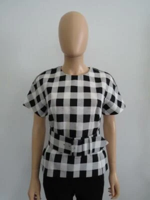 Nuevo sin etiquetas Top Derek Lam Blanco/Negro Cuadros Peplum Manga Corta con Cinturón 38/US 2 Foto 1 de 4